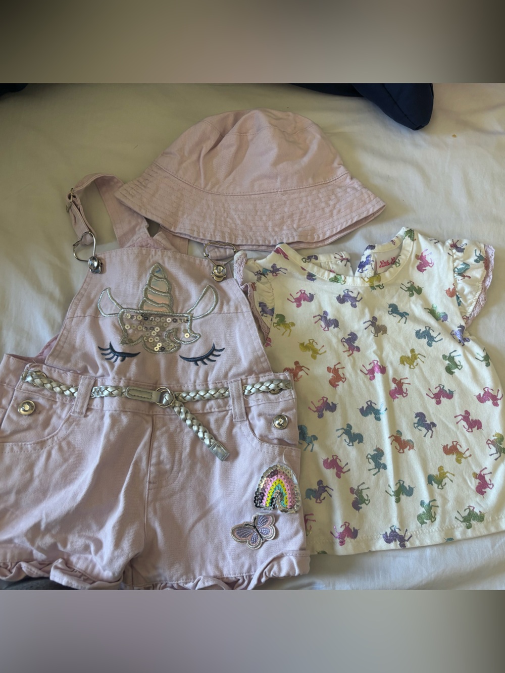 Pink Unicorn Overalls Set with Rainbow Horse Tee & Sun Hat